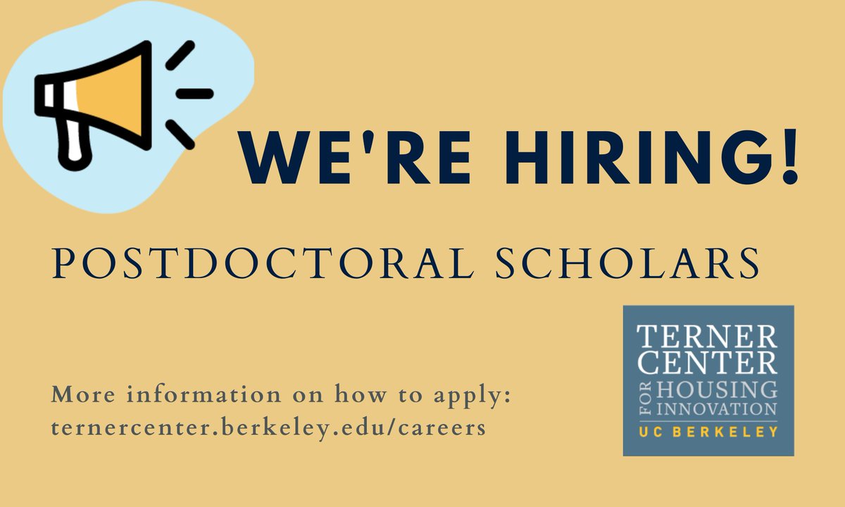Passionate about solving the biggest challenges in housing? We're hiring postdoctoral scholars to support impactful research, plus the opportunity to conduct your own research and grow the field. Learn more and apply here: ternercenter.berkeley.edu/careers/