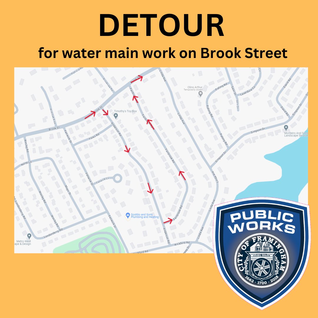 Detour on Brooke Street in #Framingham for Water Main Work on Thursday, April 25. @DPWFramingham framinghamma.gov/CivicAlerts.as…