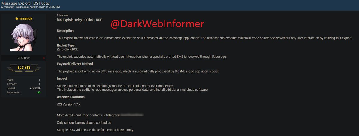 🚨URGENT🚨UNCONFIRMED; Allegedly, a Zero-day exploit for iMessage is up for sale. POC video for serious buyers. This user appears to be 'Team9Sandman'.  

#DarkWebInformer #DarkWeb #Cybersecurity #Cyberattack #Cybercrime #Infosec #CTI #0Day #iOS #iMessage #Exploit

Description…