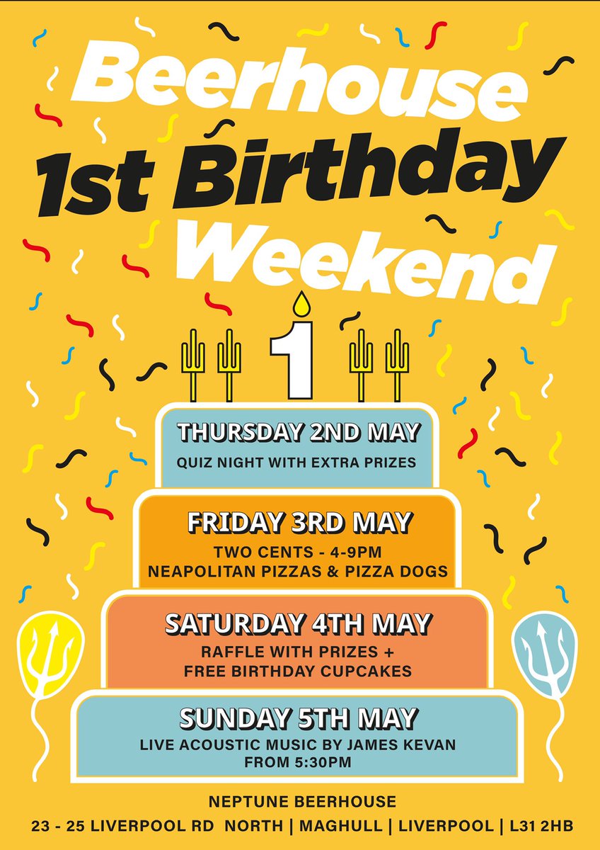 Our Beerhouse is nearly one! So we’re having a little celebration 🥳 Not to be missed, on the taps we shall have a number of limited edition beers, brewed especially for this weekend! 🙌🏼🔱🎂