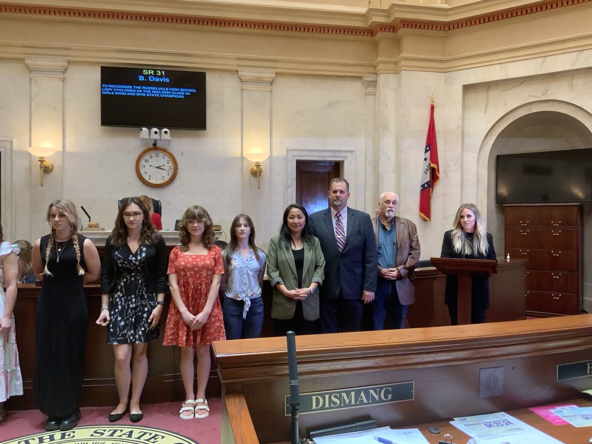 SenateAR's tweet image. SR31 Senator Breanne Davis recognized the Russellville High School Lady Cyclones as the 2023-2024 Class 5A Girls Swim and Dive State Champions.