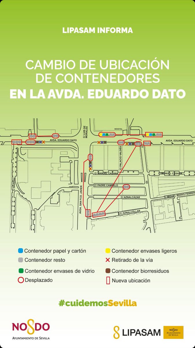 modeberra's tweet photo. Nefasta la gestión de residuos en Nervión. Han dejado un único contenedor de reciclaje de 5 que había. Un barrio de gente mayor a quien desplazarse cargados supone un gran esfuerzo. Bien que se cuelgan la medallita del reciclaje! #CuidemosSevilla @LipasamSevilla @eveliarincon https://t.co/efeCJbew52
