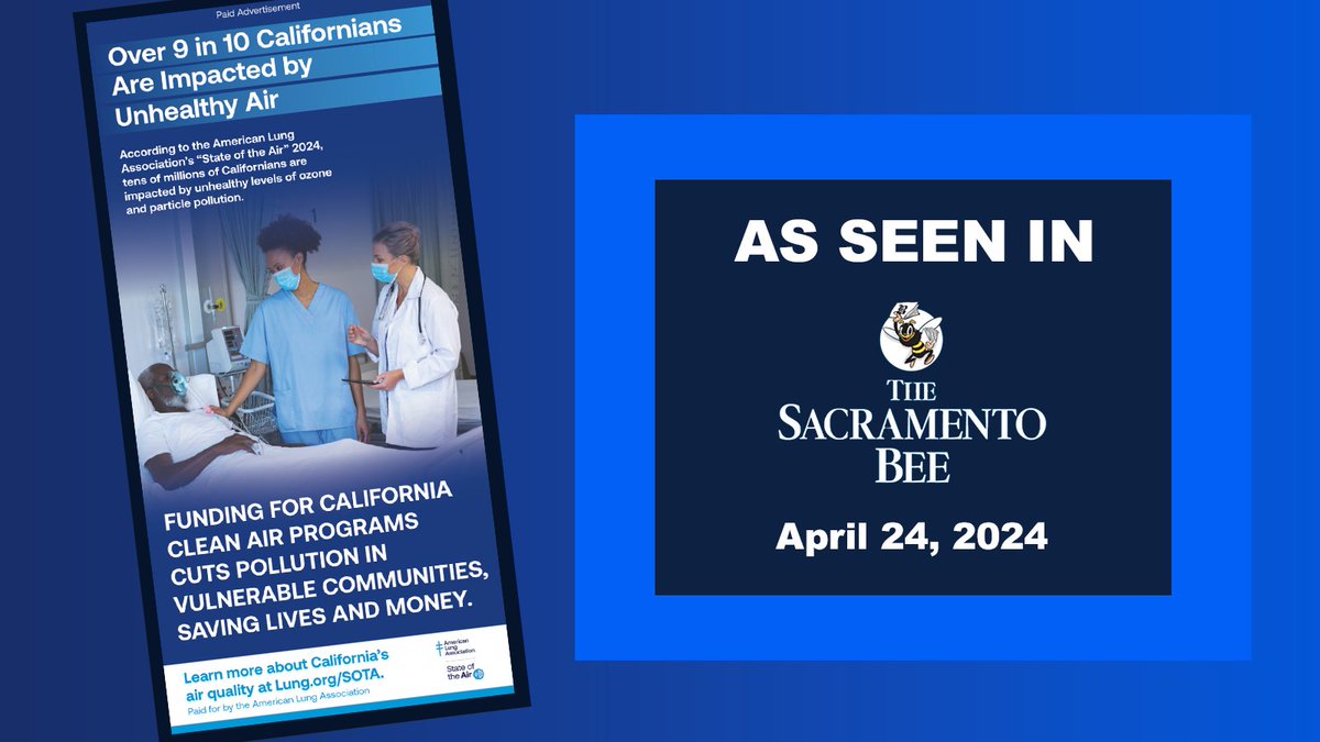 #3!? @CaliforniaLung @Sacbee #StateOfTheAir full-page ad highlights clean air #CABudget investments! @CAGovernor, #CALeg, when we:
🌍Invest in clean cars
🫁Protect funding for healthy homes
👪Cut handouts to #BigOil!
We will save lives and Money!
InvestInCleanAir.com!