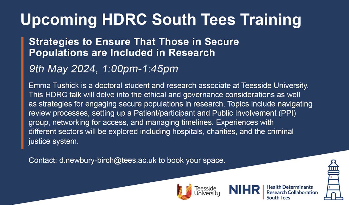 HDRCSouthTees's tweet photo. PLEASE RT: HDRC-SOUTH TEES TRAINING: To reserve your place, contact: d.newbury-birch@tees.ac.uk
@dotbirch
@TeessideUni
@TUSSSHL https://t.co/jyTdRbBNUo