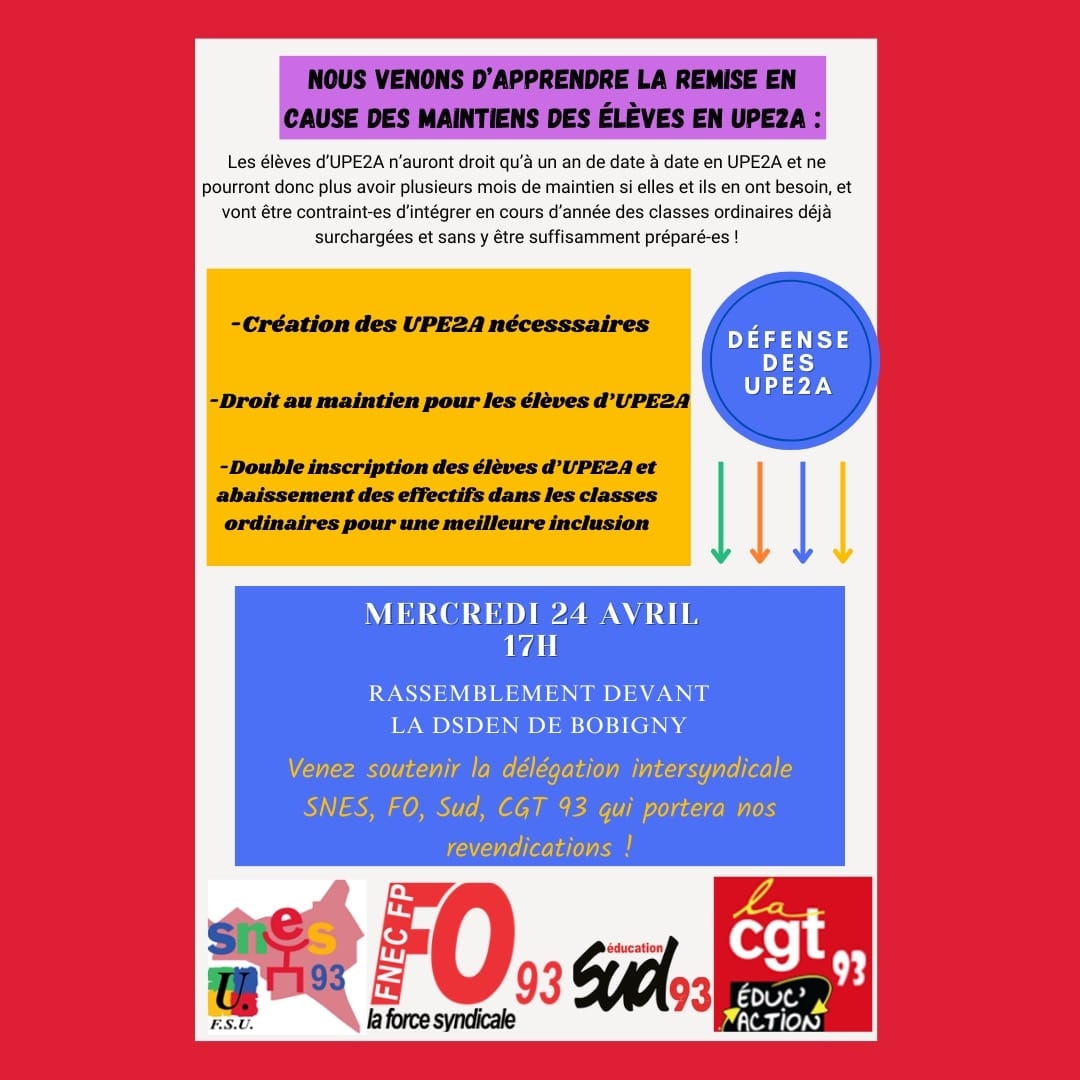 ➡️ ⚠️Les conditions de maintiens en Upe2a se durcissent à partir de septembre !⚠️
➡️ Nous réclamons des moyens pour que l'ensemble de nos élèves puissent travailler dans des conditions décentes !