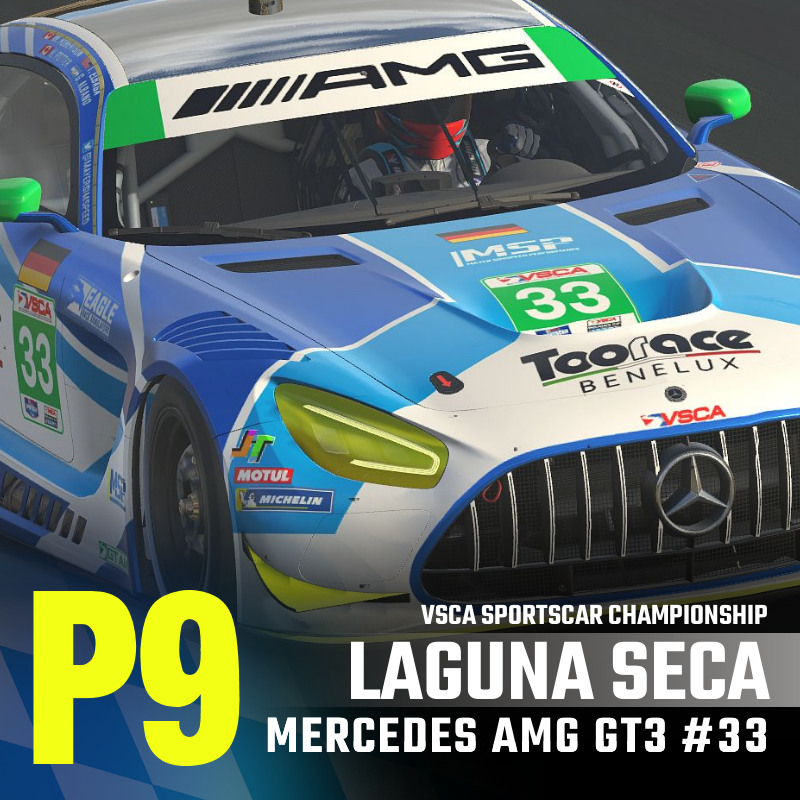 It's a top ten for our #33 Mercedes AMG GT3 and Tamer Elbaga and Kyle Potter at Laguna Seca. It didn't come easy, and the team ends the race five laps down, but achieved damage control with P9.

#VSCA #LagunaSeca #Mercedes #eSports #iRacing