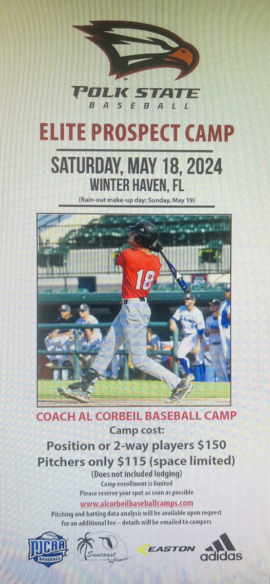 PolkStBaseball's tweet photo. 🚨🚨ATTENTION🚨🚨 Polk State Baseball coaching staff will be hosting our Elite Prospect Camp for uncommitted high school recruits on Saturday, May 18th!!! If you’re interested in becoming an 🦅 register now at: 
https://t.co/bXa5InqbUK https://t.co/tqORpKZ3hc