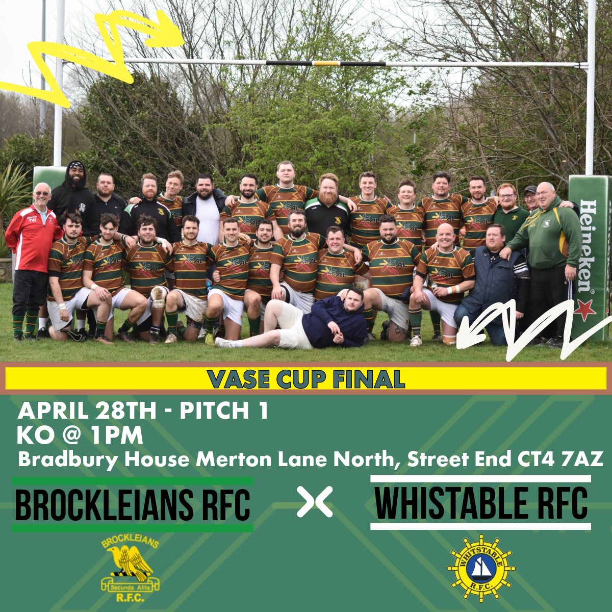 For 1 last time this season, Brocks need your support, as we head to Canterbury to face Whitstable in the Kent Vase Final!

We hope to add a piece of silverware to finish our stellar season, and we want as much support as possible to cheer the boys on!

#brocksrfc