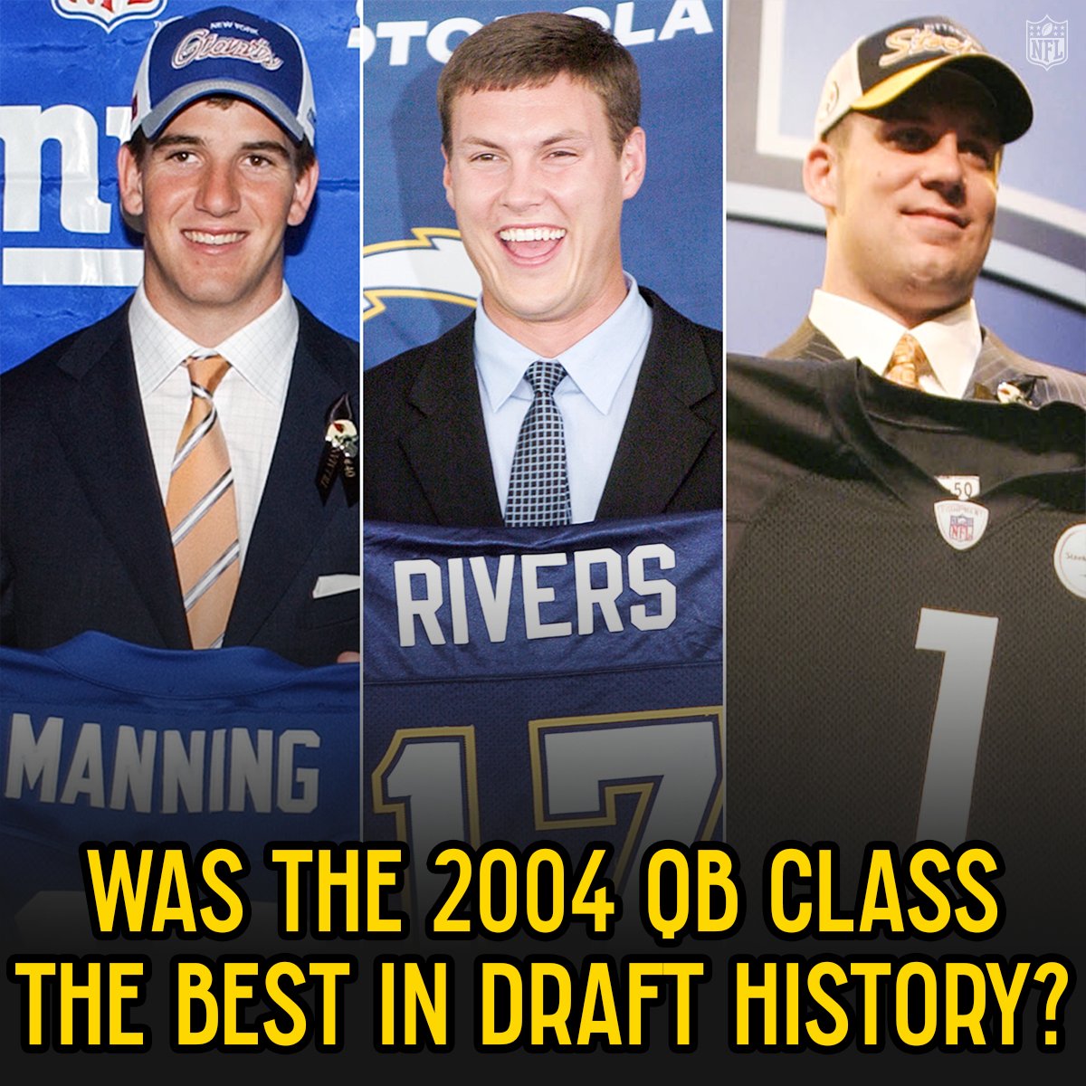 NFL's tweet photo. 20 years ago today, three legendary QBs started their NFL journeys. 

📺: 2024 #NFLDraft – Starts tomorrow 8pm ET on NFL Network/ESPN/ABC 
📱: Also streaming on #NFLPlus https://t.co/VCLJGsSDB3