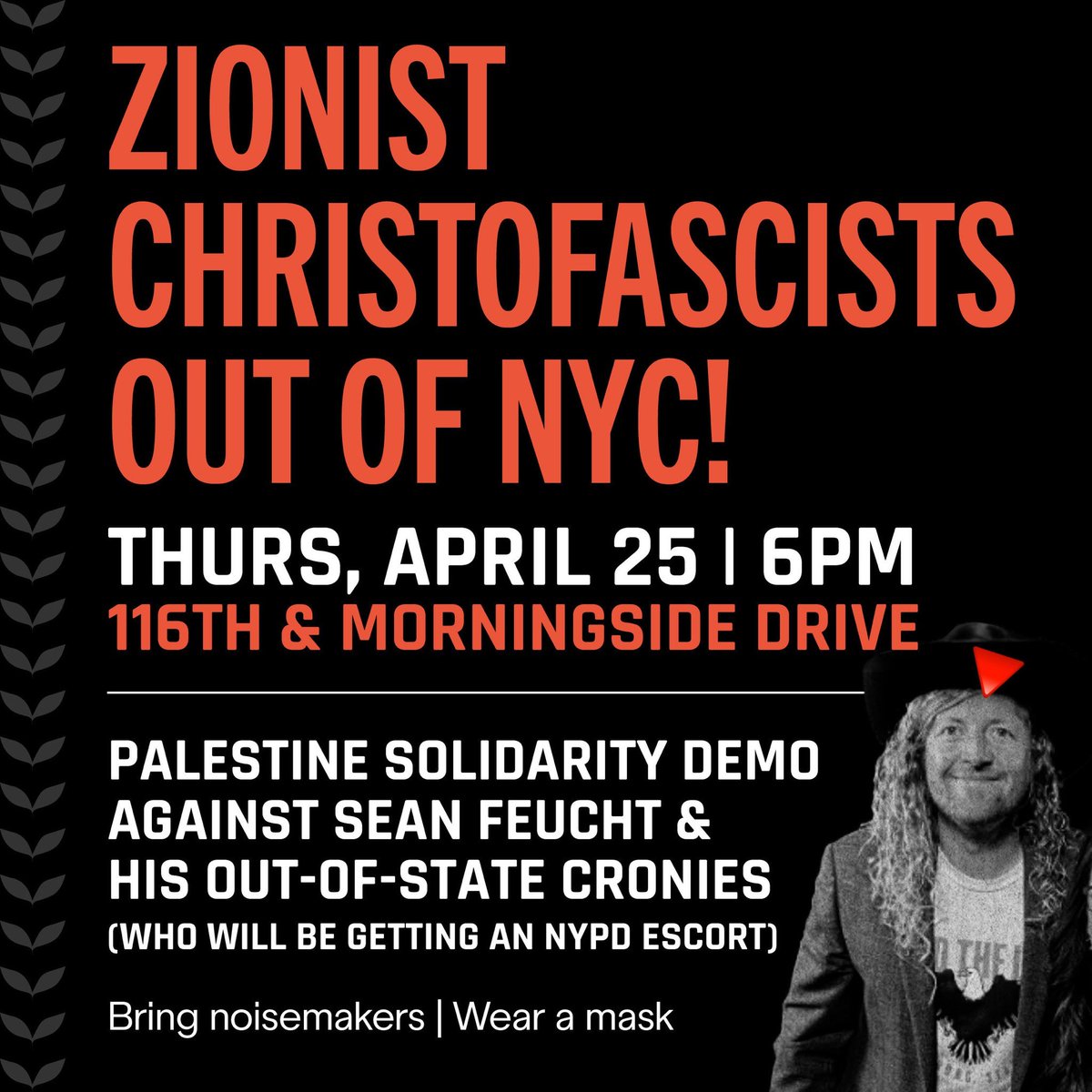 All out for Palestine tomorrow! Zionist Christofascist Sean Feucht and his cronies are coming to NYC. They do not care about the safety of Jewish people, and they CERTAINLY don’t care about Palestinian lives. ⏰ 6pm 📍 116 St & Morningside Drive 🥁 Bring whistles, drums etc