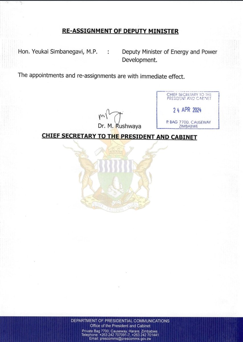 President Mnangagwa has reassigned three Ministers
