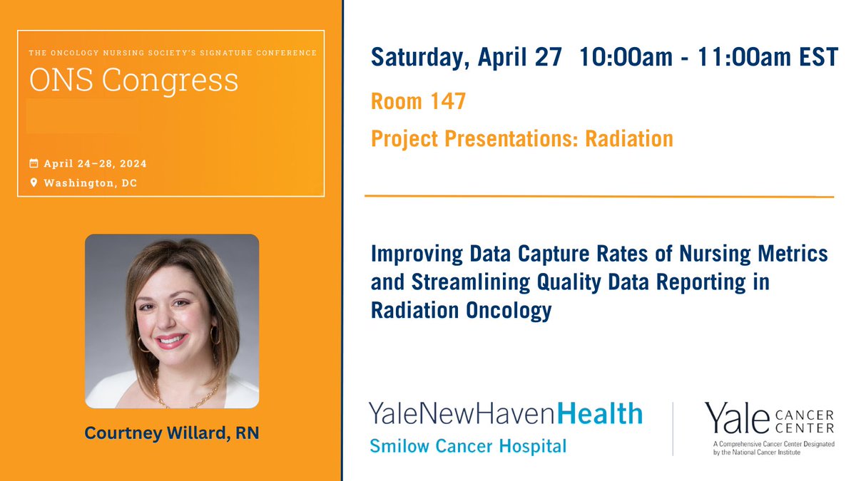 This morning in Room 147 at #ONSCongress, Courtney Willard, RN, presents on the creation of a comprehensive dashboard that accurately captures and reflects the key nursing metrics. #ONS24 ons.confex.com/ons/2024/meeti… @SmilowCancer @YaleMed @YNHH @YaleRadOnc @YaleNursing