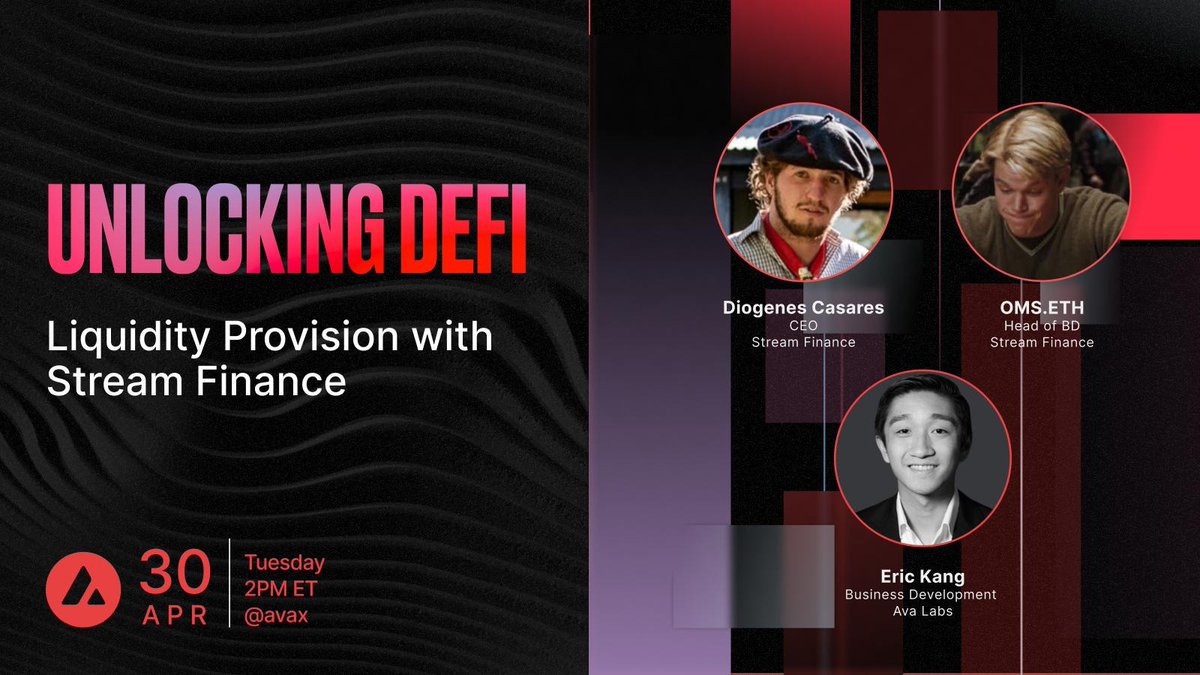 avax's tweet photo. Unlocking DeFi: Reimagining Liquidity Provision with Stream Finance

Join us next Tuesday on Spaces to hear how @StreamDefi offers capital efficient and delta neutral strategies through their unique vault system 🗣️