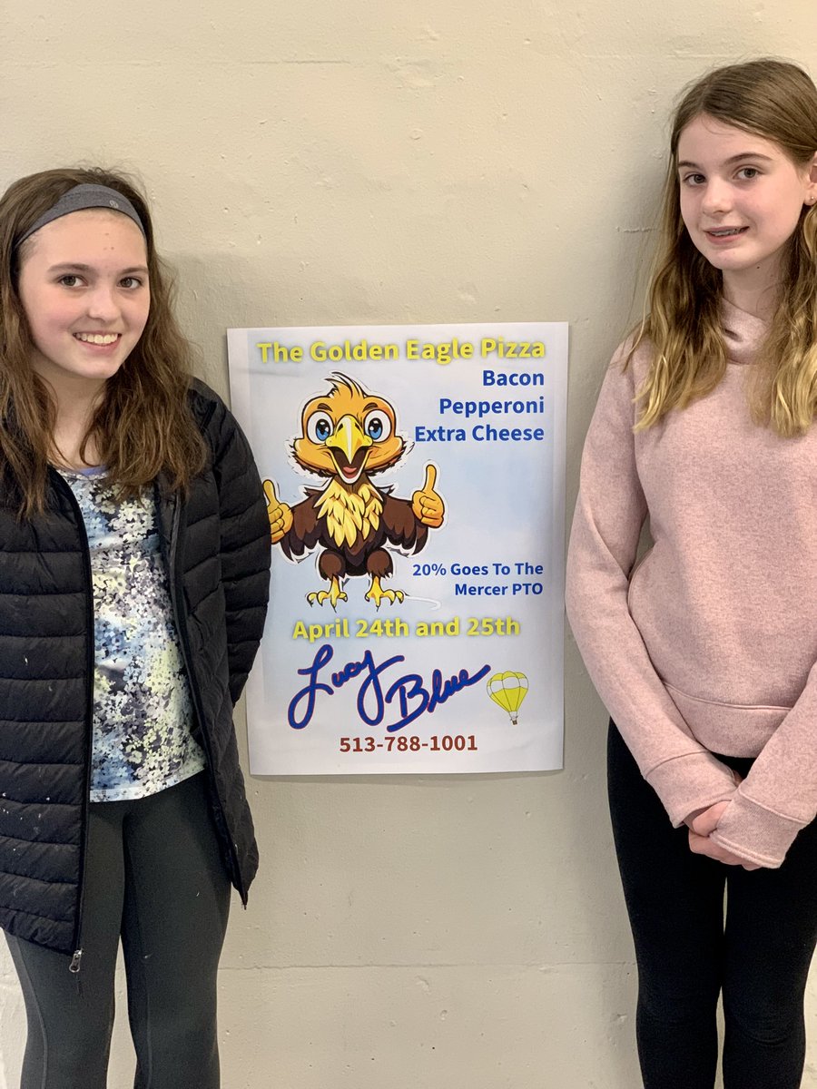 🍕 Come out to @lucybluepizza TONIGHT & TOMORROW and try the special Golden Eagle Pizza -created by @goMercerEagles 6th graders Meghan and Keeton!! Congratulations on their winning recipe and graphic design!! Starts at 4 p.m. both days and be sure to mention Mercer when ordering!