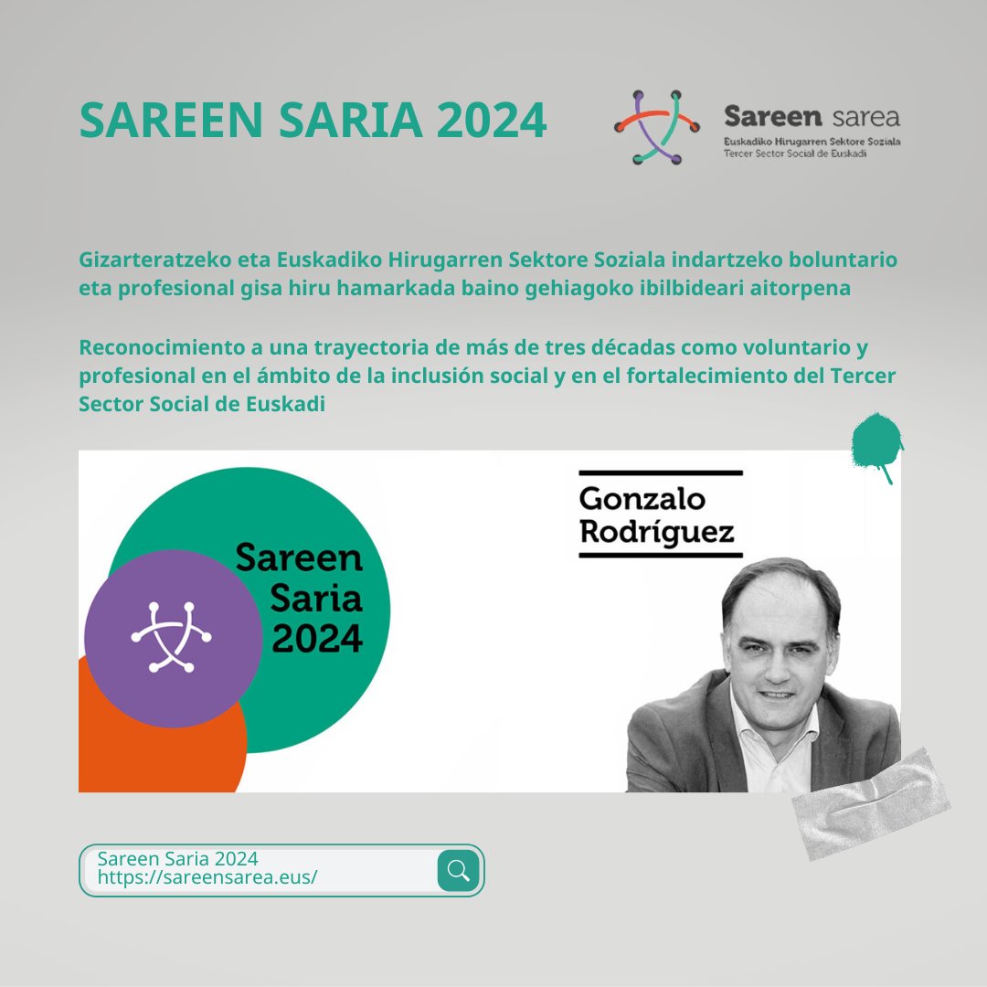 📣 Gonzalo Rodriguez Aguirregoitiari emango diogu aurtengo 🏅 #SareenSaria, Caritasen eta Euskadiko Hirugarren Sektore Sozialeko hainbat erakundetan izandako ibilbidea eta konpromiso handia aitortzeko. ℹ️ sareensarea.eus/eu/albisteak/g…