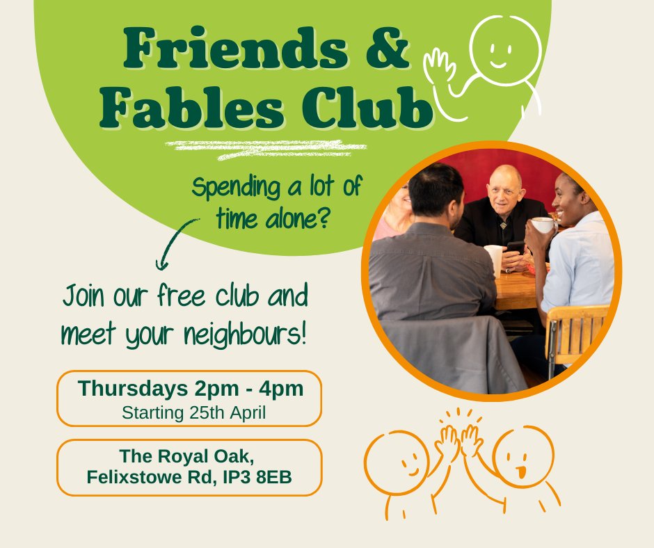 🌟New Hub Alert!🌟

Starting tomorrow - our new Friends &amp; Fables Club. If you're spending a lot of time alone and would like to meet new people in your area - come and pop in!

📆Thursdays 2pm - 4pm
📍The Royal Oak, IP3 8EB

Free entry plus complimentary hot drink &amp; cake