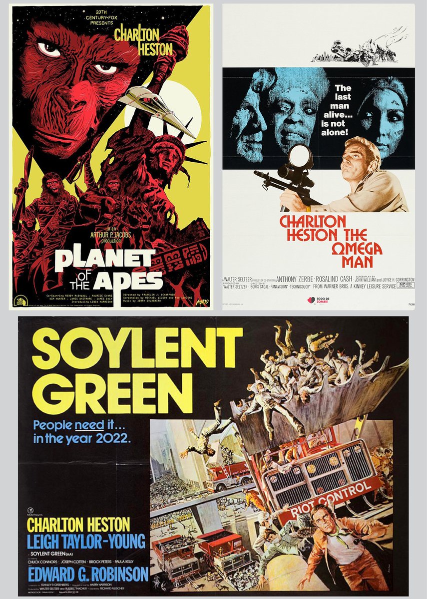 Dystopian, post-apocalyptic trio of films starring the late, great Charlton Heston: - Planet of the Apes (1968) - The Omega Man (1971) - Soylent Green (1973) Do you have a favorite? I personally prefer The Omega Man, but I love them all very much so.