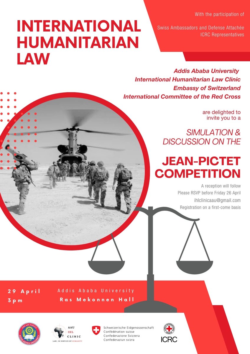 🎓For all undergrad &amp; postgrad students of <a href="/AAU_Official/">Addis Ababa University</a>!
Join us for an event on the application of International Humanitarian Law (IHL)&amp;networking
Limited spots available
📅 Apr 29, 2024 
🕒 3-5:30pm
🏛️ Ras Mekonnen Hall  AAU 6kilo 
➡️ Reserve ihlclinicaau@gmail.com by Apr 26