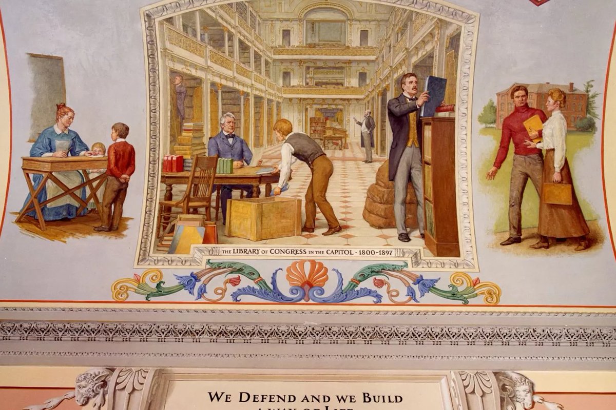 Happy birthday, @librarycongress! 🎉 This #CoxCorridors mural depicts the Library in 1890, when it had grown to occupy almost the entire west central section of the #USCapitol building: aoc.gov/explore-capito… 📚 Librarian of Congress Spofford is shown seated at the left.