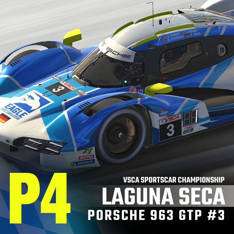 Niclas Pedersen, Kyle Birnie and the #3 Porsche 963 GTP team led laps early and earned a hard-fought fourth place finish in Round 4 of the VSCA SportsCar Championship at Laguna Seca.

#VSCA #LagunaSeca #Porsche #eSports #iRacing