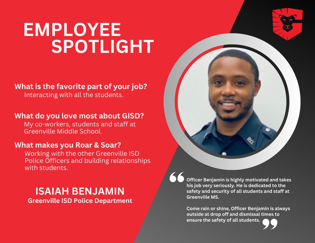 This week’s Employee Spotlight comes from 𝗟𝗮𝗺𝗮𝗿 𝗘𝗹𝗲𝗺𝗲𝗻𝘁𝗮𝗿𝘆 and the 𝗚𝗿𝗲𝗲𝗻𝘃𝗶𝗹𝗹𝗲 𝗜𝗦𝗗 𝗣𝗼𝗹𝗶𝗰𝗲 𝗗𝗲𝗽𝗮𝗿𝘁𝗺𝗲𝗻𝘁.      #ForwardTogether #EmployeeSpotlight