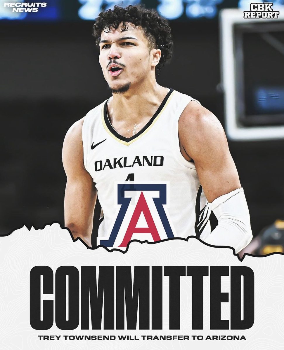 Oakland transfer Trey Townsend has committed to Arizona!

The Horizon League Player of the Year averaged 17.3 PPG 8.1 RPG and 3.1 APG.