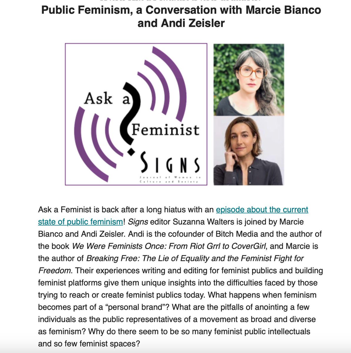 An absolute honor and delight to speak with @andizeisler & Suzanna Walters about public feminism and the idea of a feminist public intellectual