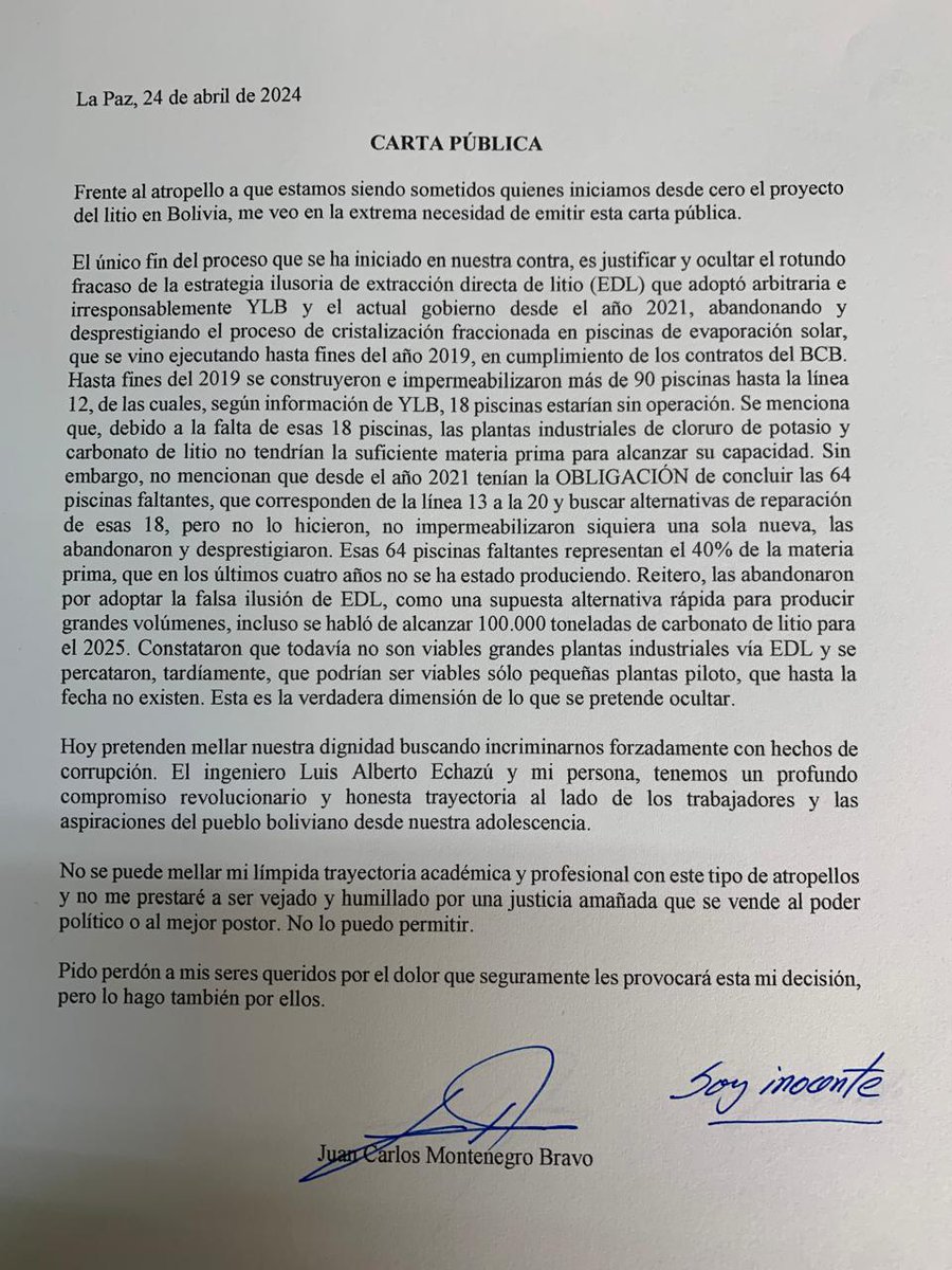 hugomiranda's tweet photo. Sobre la industrializacion del Litio en Bolivia, carta postuma del Ing Juan Carlos Montenegro https://t.co/T9kTqHQDjn