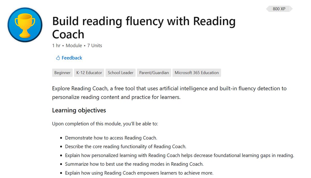 NEW! 'Build reading fluency with Reading Coach' MS Learn course 

We've just launched a PD course on how to use our new AI-powered (stand-alone) Reading Coach tool. Reading Coach is available for both schools & personal use 📖

Course: aka.ms/readingcoachco…

#edtech #MIEExpert