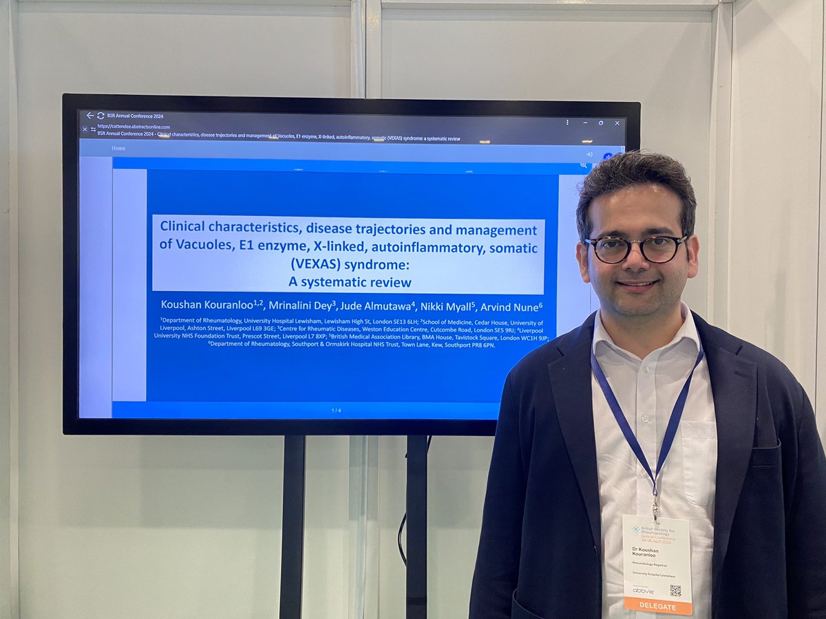 🎉 Congratulations @KKouranloo presenting a #SystematicReview on organ manifestations & disease trajectories in #VEXAS at #BSR24

🤔 Want to find out more?

📄 Full paper is available here: link.springer.com/article/10.100…

@RheumatologyUK