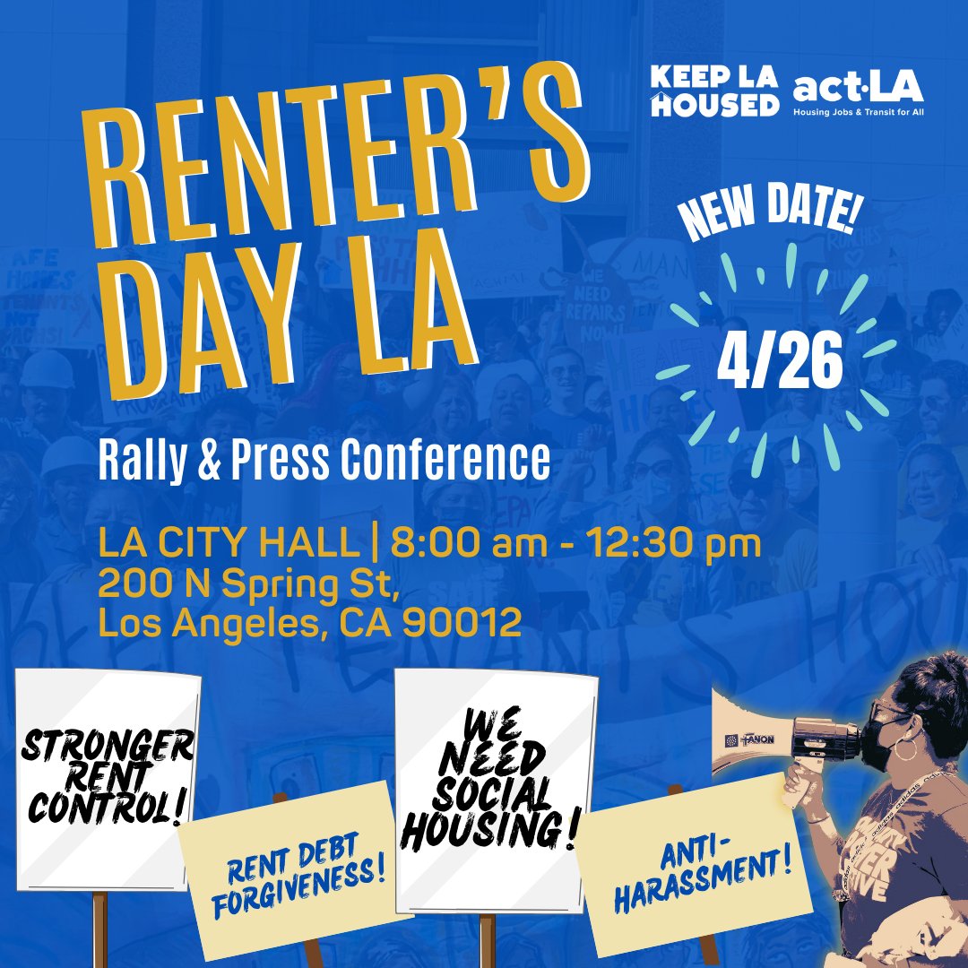 KeepLAHoused's tweet photo. Today is Renter's Day and we can all agree that #rentisoutofcontrol ! 😩Want to do something about it? Join us Friday for a rally &amp; press conference to uplift tenant struggles and discuss solutions to some of the biggest issues our communities are facing right now! #KeepLAHoused https://t.co/d92c40OhPN