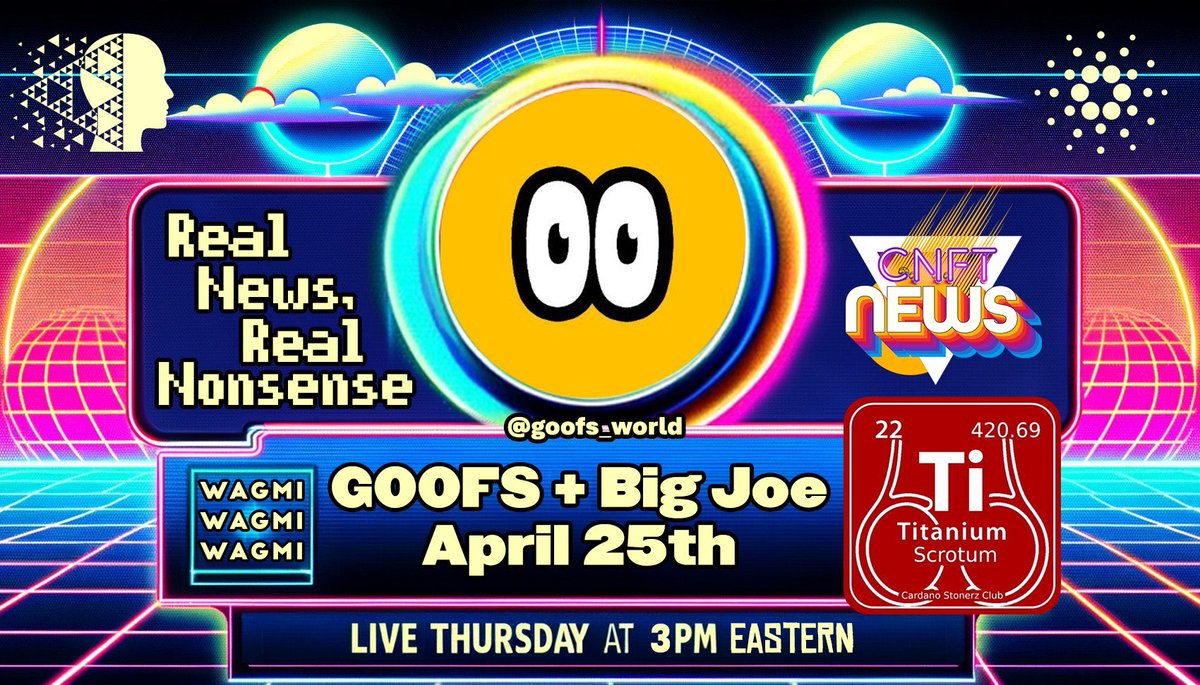 🕰️Set your clocks⏰ for when you we go LIVE this Thurs w the @goofs_world team! 👀 Goofs are bringing so much to the space & we can’t wait to engage in nonsense w them & guest anchor @bigjoethedon‼️ The #cNFT News Team - THURS @ 3PM EST 🎉News&Nonsense💕 youtube.com/c/cnftnews
