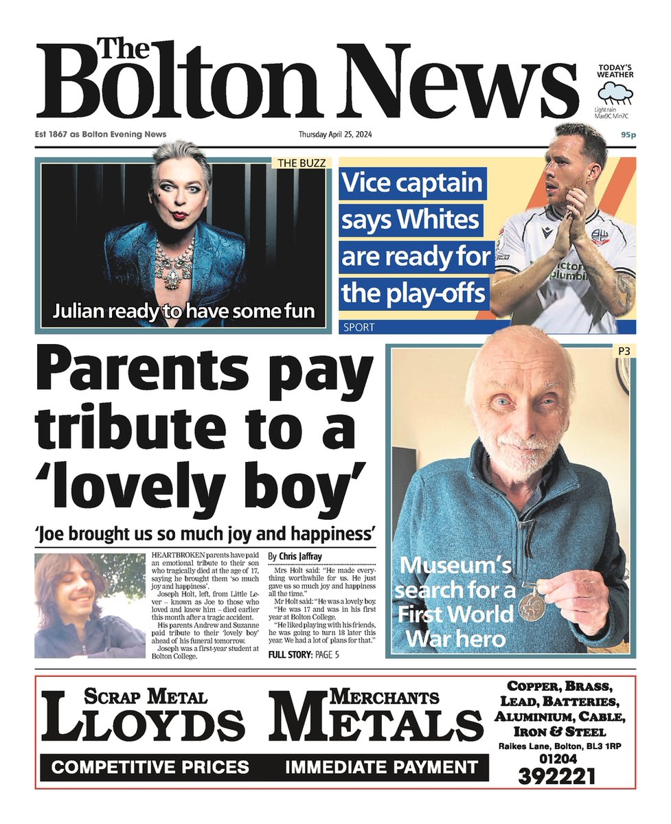 Front page of Thursday's @TheBoltonNews 📰 

#Bolton #GreaterManchester #BuyAPaper #LocalNewsMatters #Newsquest #BWFC #CourtNews #CrimeNews #BoltonWanderers #BoltonNews #BoltonCouncil