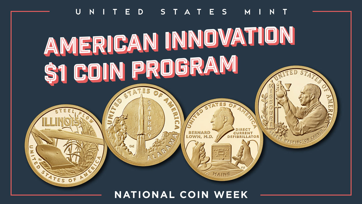 usmint's tweet image. 🪙Reflecting on the journey of coinage, the American Innovation® $1 Coin Program showcases the essence of American innovation and creativity. Explore the history behind each coin and the impactful innovations they represent. bit.ly/2OOk7AP #NationalCoinWeek @ANACoins