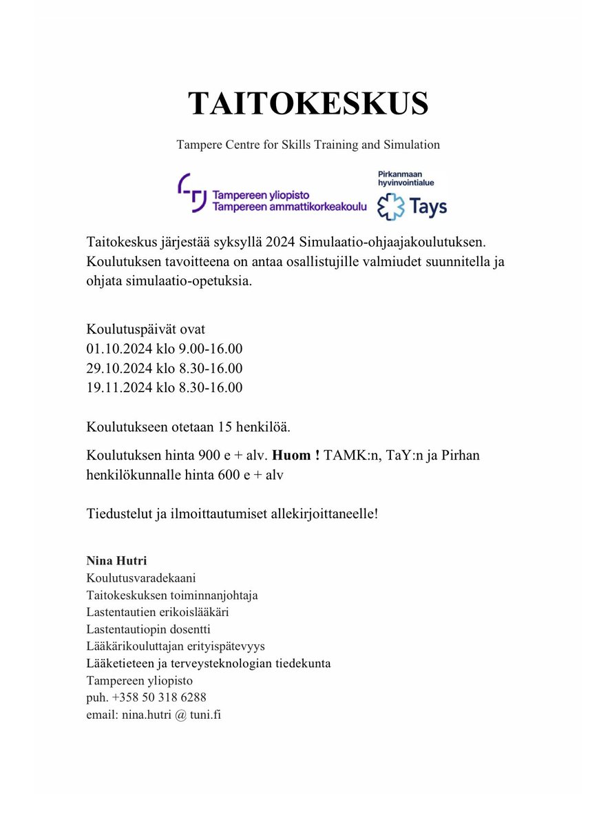 taitokeskus's tweet photo. Taitokeskus järjestää taas syksyllä simulaatio-ohjaajakoulutuksen 🤩
@TampereUni @TampereUniMET @TAMK_UAS @Tays_sairaala @Pirha_fi #simulaatio https://t.co/Ddo6hQugiB