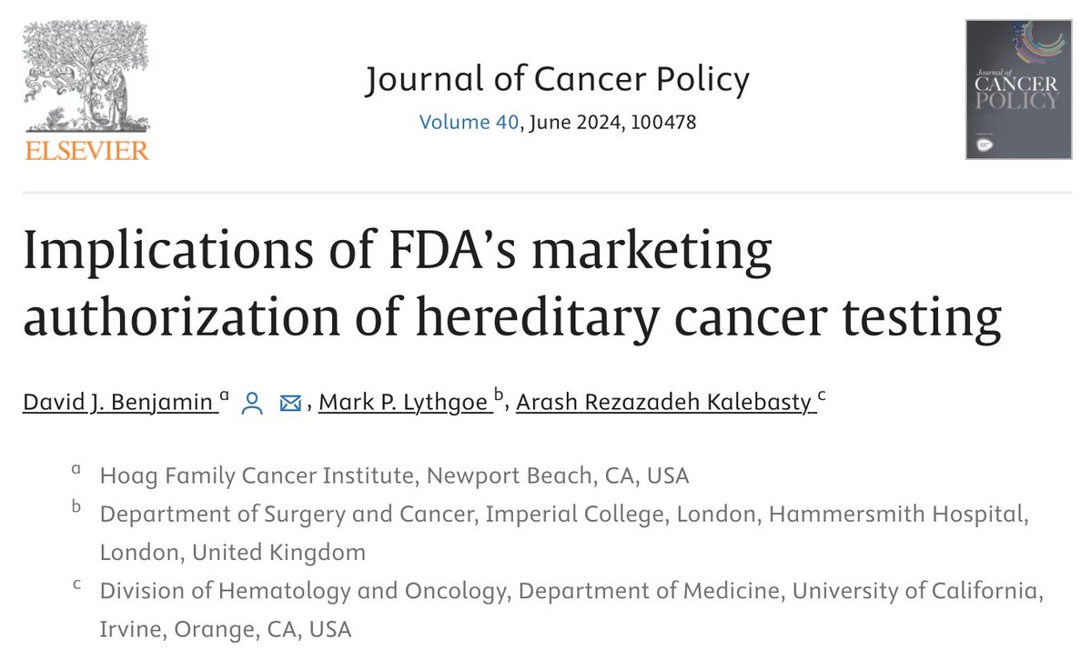 In Journal of Cancer Policy, @DrMarkLythgoe and I discuss the FDA's recent marketing authorization for #hereditary #cancer testing. Information gleaned from testing may represent a double-edged sword in the endeavor to prevent inheritable cancer. Link: authors.elsevier.com/a/1ize%7E7tJED…