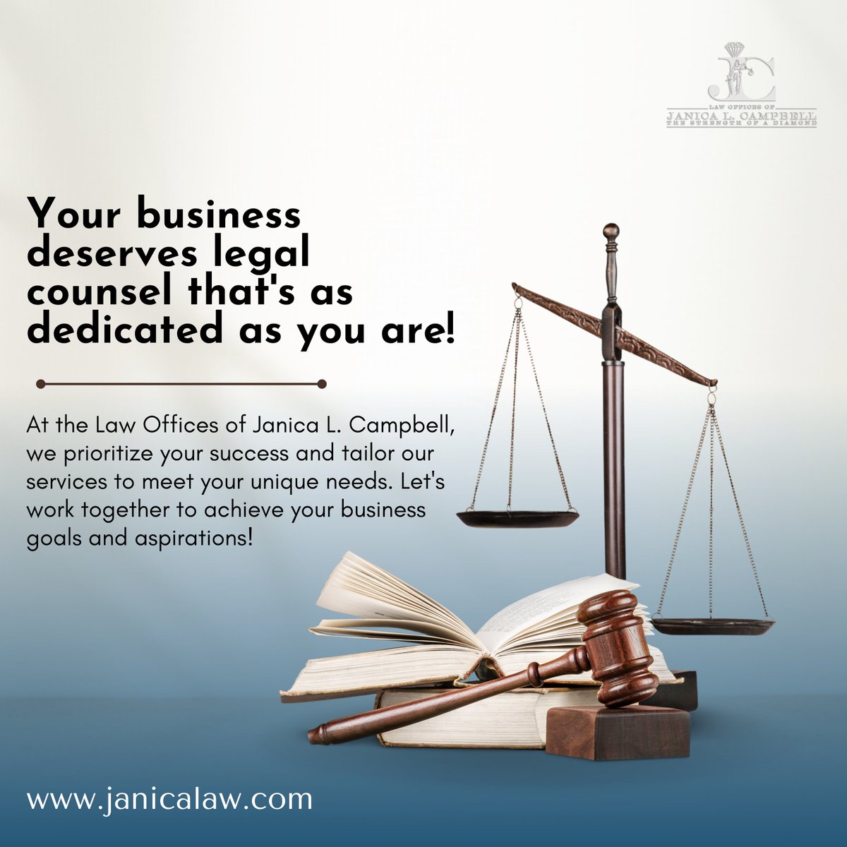 📚 Your business deserves legal counsel that's as dedicated as you are! 💼 At the Law Offices of Janica L. Campbell, we prioritize your success and tailor our services to meet your unique needs.

#LegalAdvice #BusinessLaw #LawFirm #Entrepreneurship #SmallBusiness #JanicaLaw