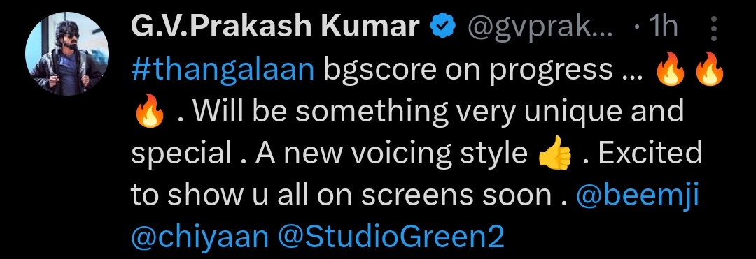 . @gvprakash talks about @Chiyaan's #Thangalaan. 💥 Says ' Thangalaan's bgscore on progress. It will be very unique & special. Team trying a new voicing style.' ❤️😉 'CAN'T WAIT ANYMORE. GIVE A SONG UPDATE ASAP!!' 🔥 @beemji @StudioGreen2