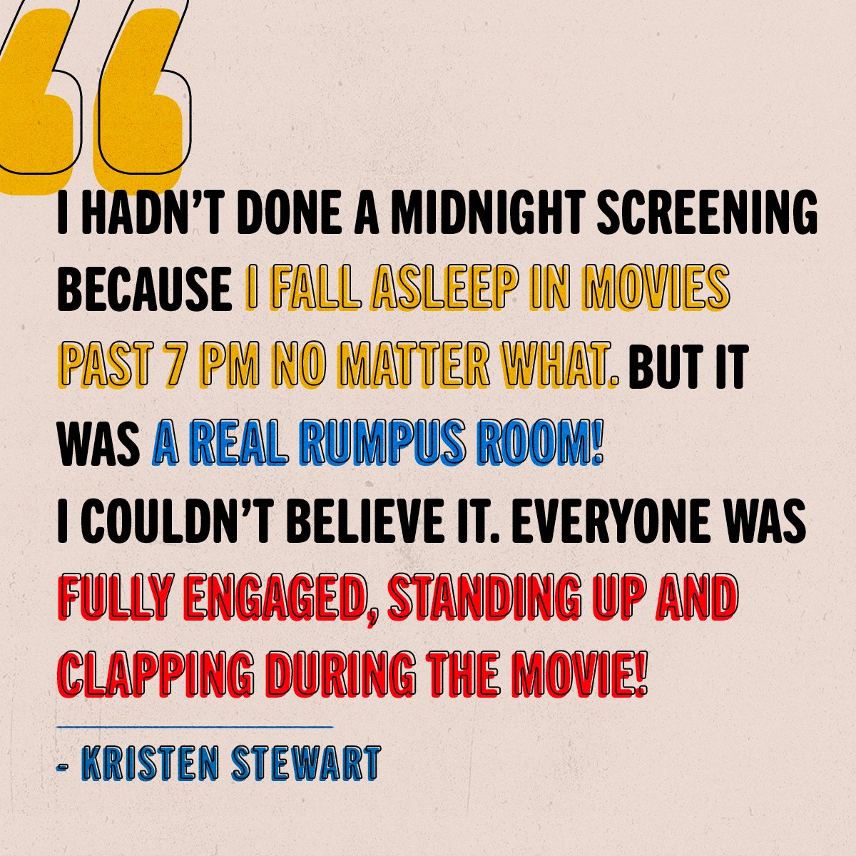 #KristenStewart discovered a whole new world past 7 PM! 🥹 Do you fall asleep in late movies or are you wide awake with Swedish Fish in hand?