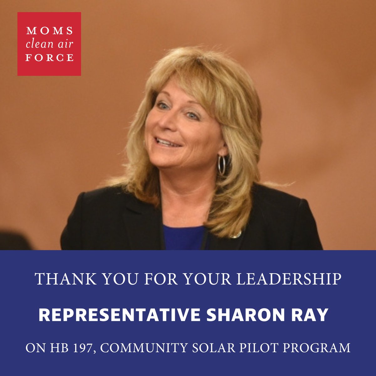 Moms know that more clean energy leads to more clean air and reductions in harmful pollution. #HB197 the Community Solar Pilot Program will protect the health of OH families. Thank you @sharonrayohio for your leadership and dedication to our kids! #OHCommunitySolar @CleanAirMoms