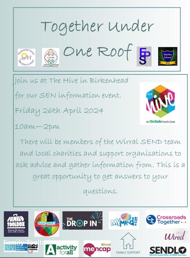 Thanks to the fab staff at Foxfield, @EllerayPark @StanleyWirral and @meadowsideCH49 for organising this event to support & better inform our SEND families.Thanks to @TheHiveYZ for hosting. @Crea8Comm, @WirralMencap @_FamilyToolbox_ @WiredCeo Hope to see you there @wirralmums