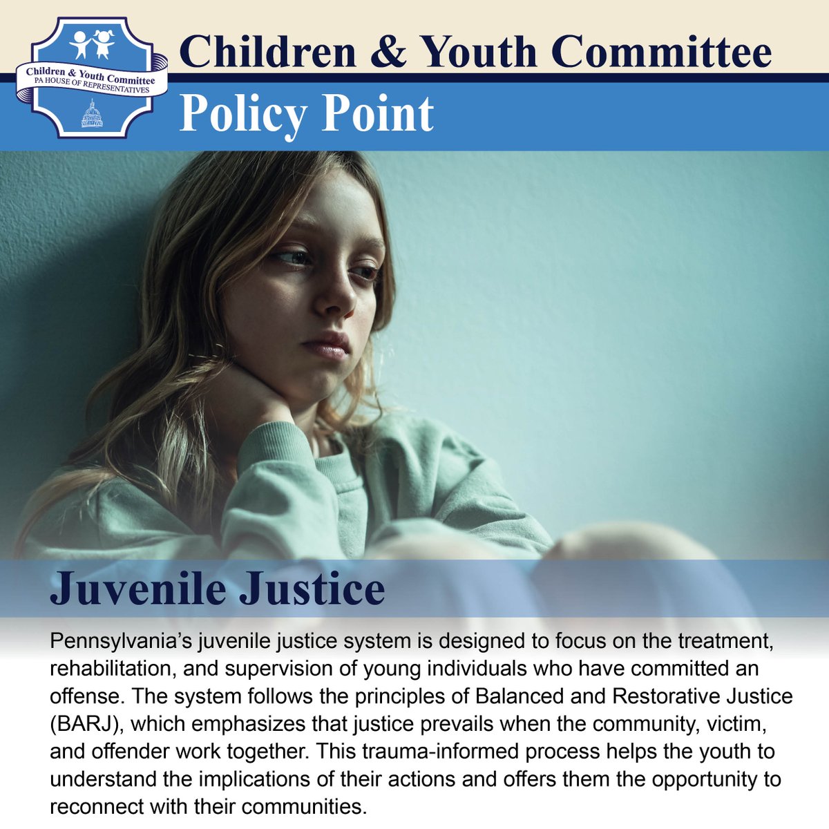 In the House Children & Youth Committee, we are working on legislation that will make the Juvenile Justice system function better and focus on the trauma-informed treatment, rehabilitation and reintegration into the community of youth in the system.