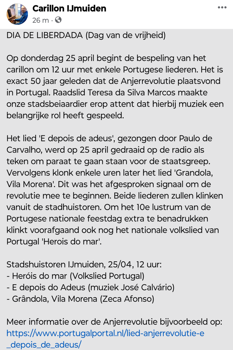 25/04 om 12u. Stadhuistoren IJmuiden @gemvelsen. Portugese songs 'E depois de adeus' en 'Grandola Vila Morena' tgv de Anjerrevolutie exact 50 jaar geleden. #carillon #beiaard #portugal #anjerrevolutie #diadeliberdad