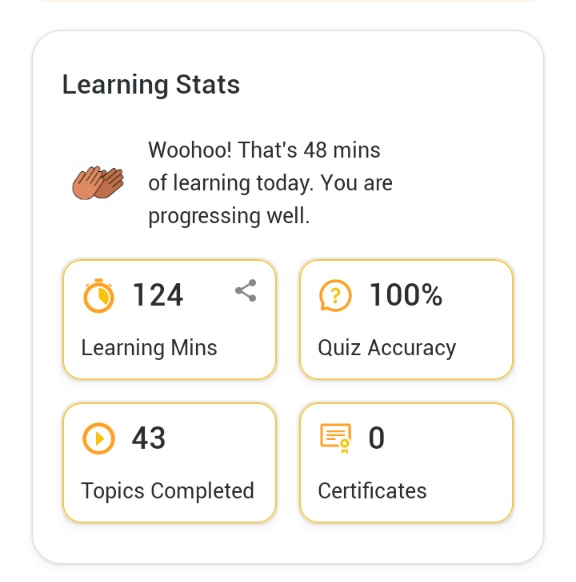I just took 48min today learning as a blockchain Developer and I have covered 43 topics already, which is 31% cover of the course . Getting 100% in each quizzes attempted. I am using @simplilearn app platform to learn. Join me today and improve your portfolio.