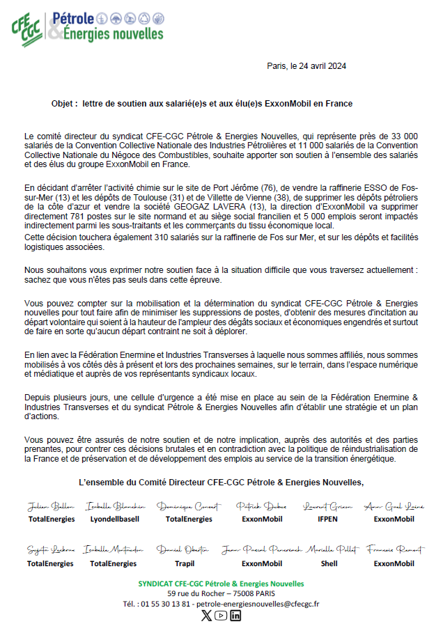 Face aux annonces d'arrêt d'activités et aux annonces de suppressions d'emplois d'ExxonMobil, le #codir <a href="/cfecgc_PEN/">CFE-CGC Pétrole & Energies Nouvelles</a> qui s'est réuni ce jour, souhaite adresser une lettre de soutien aux salarié(e)s et aux élu(e)s d'<a href="/ExxonMobil_FRA/">ExxonMobil en France</a>.
Vous n'êtes pas seuls dans cette épreuve !✊