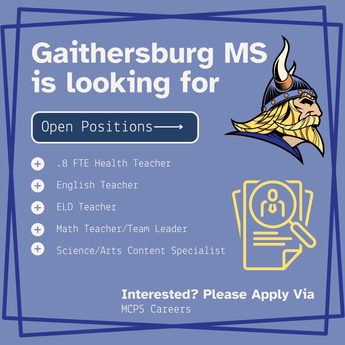 Hey teachers! 🍎 Want to join a vibrant community dedicated to shaping young minds? Gaithersburg Middle School is looking for passionate educators to join our team. Come be a part of the Viking family! See our updated open positions below! Apply via MCPS Careers!