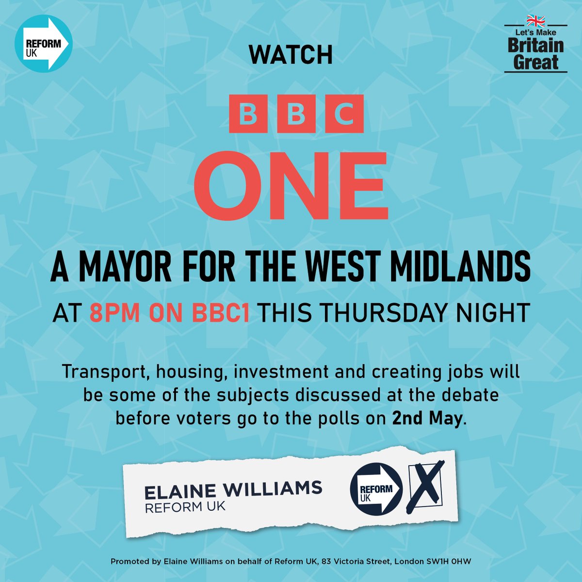 @ElaineWestMids Support Elaine Williams your Reform UK candidate to be Mayor of the West Midlands ElaineWilliams.co.uk Thurs 25th April