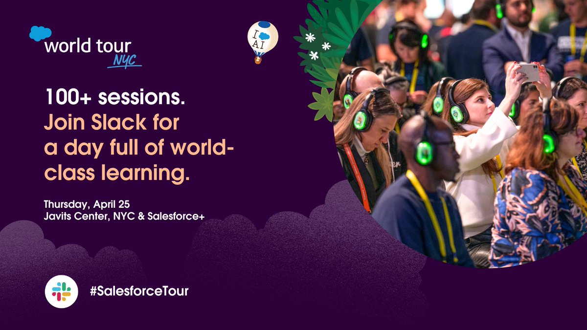 Heading to #SalesforceTour NYC? Catch the Slack Experience: sforce.co/3NjcxgB 🎤 Parker Harris & Soledad O’Brien discuss the Conversational Workplace 🛠️ Workshops and roundtables 🍦 Community mixer 💡 Slack help desk tips and tricks ☕️ Slack cafe for tasty treats