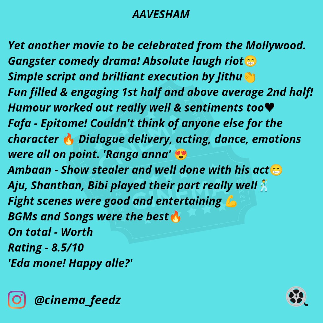 vishnu23s's tweet photo. Aavesham Review! 
#FahadFaasil
#Mollywood
#Aavesham 
#AaveshamMovieReview 
#AaveshamReview
#AaveshamFDFS https://t.co/OIlqbC6CUX