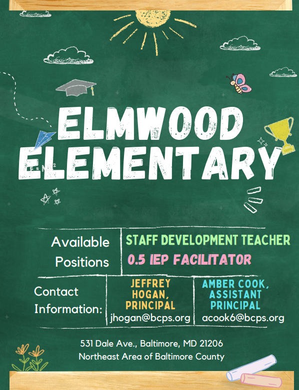 Elmwood Elementary - A Community School (@elmwoodes) on Twitter photo Elmwood Elementary is looking for a Staff Development Teacher and an IEP Team Facilitator for the 2024-2025 school year. Please reach out to <a href="/Jeffrey_hogan/">Jeffrey Hogan</a> or <a href="/AmberCook_/">Amber Cook</a> for more information. Elmwood Elementary is looking for a Staff Development Teacher and an IEP Team Facilitator for the 2024-2025 school year. Please reach out to <a href="/Jeffrey_hogan/">Jeffrey Hogan</a> or <a href="/AmberCook_/">Amber Cook</a> for more information.